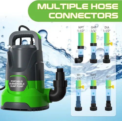 Miniatura 4 de Bomba de sumidero 1.1HP Bomba de agua sumergible 4700GPH Bomba de agua eléctrica portátil de transferencia para piscina de drenaje sótano, verde
