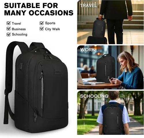 Miniatura 7 de Goloni Mochila ligera e informal para laptop, bolsa de viaje clásica de mano, con puerto de carga USB para hombres y mujeres, Negro oscuro