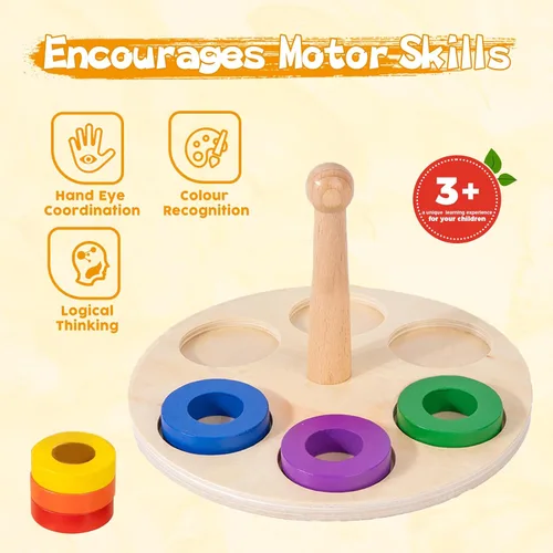 Miniatura 3 de Adena Montessori Anillo de madera para apilar y clasificar con 6 anillos de clavija, anillos apilables de arco iris de madera, juguetes apiladores
