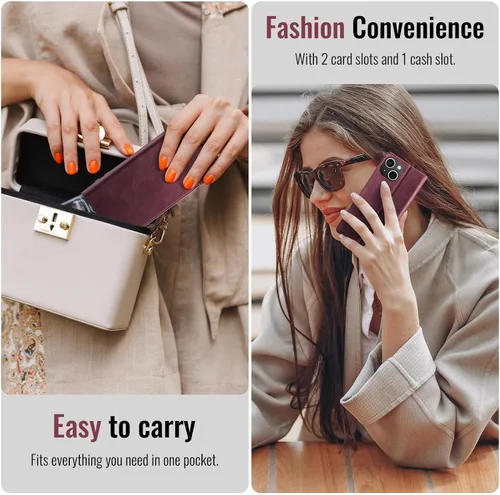 Miniatura 5 de Funda tipo cartera para iPhone 13 de piel tipo cartera con tarjetero y función atril, cierre magnético, bloqueo RFID, TPU a prueba de golpes, Rojo