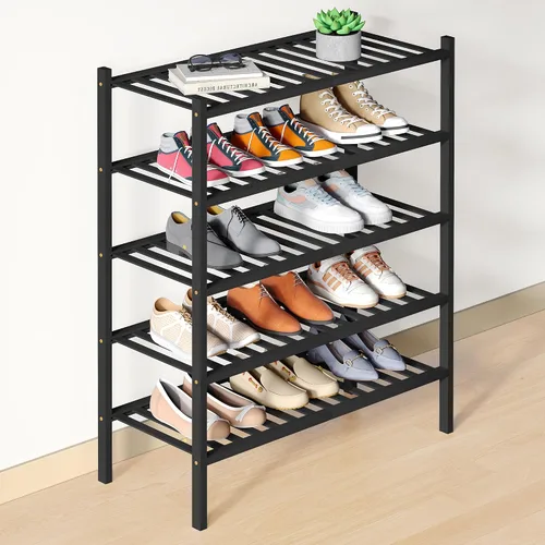 Miniatura 9 de Smiry Zapatero de bambú para clóset, organizador de zapatos apilable de 4 niveles largo de madera, estante de almacenamiento de zapatos Negro