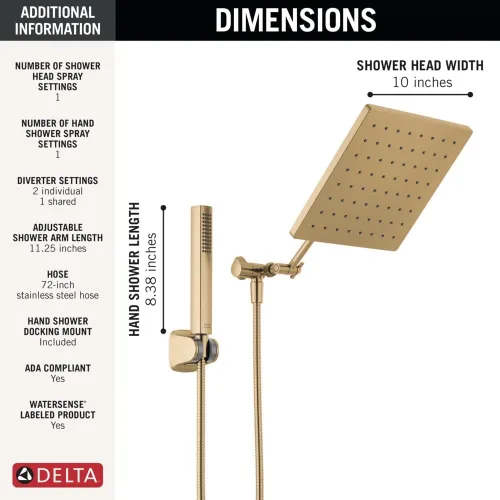 Miniatura 6 de Delta Faucet - Conjunto de regadera tipo lluvia de 10 pulgadas y ducha de mano, regadera cuadrada dorada, de efecto lluvia, ducha de mano, de alta