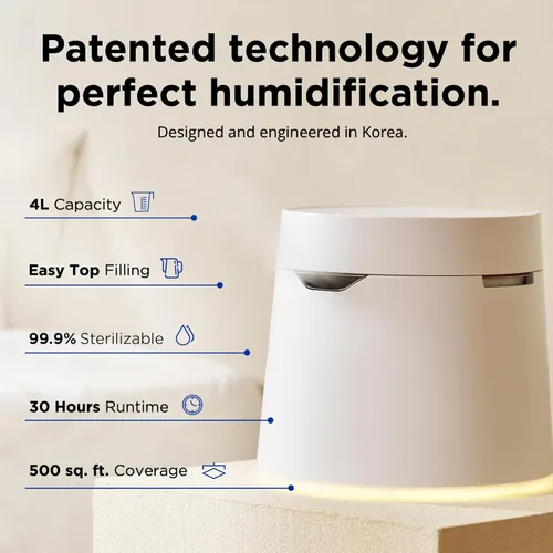 Miniatura 3 de Carepod One Plus Humidificador de Acero Inoxidable para Habitación Grande con Luz de Ambiente, Silencioso y Seguro para Bebé, Solo 3 Partes Blanco