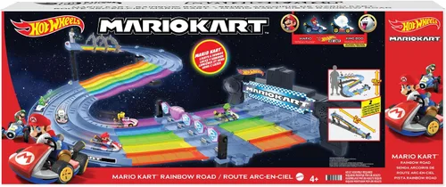 Miniatura 7 de Juego de pista de carreras Hot Wheels Mario Kart Rainbow Road de 8 pies con luces y sonidos y 2 vehículos a escala 1:64, carrera con curso colorido