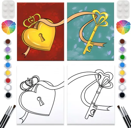 VALLSIP Paquete de 2 Kit de Pintura y Bebida con Lienzo Pre-dibujado para Pintar para Adultos Lienzo Estirado Juegos de Parejas Noche de Cita