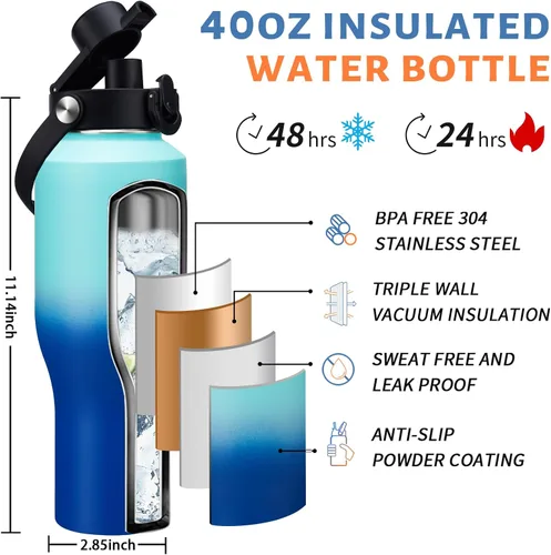 Miniatura 3 de Botella de agua aislada de 40 onzas que cabe en el portavasos del automóvil - Botella de agua de metal con pajita, tapa con salida automática, vaso