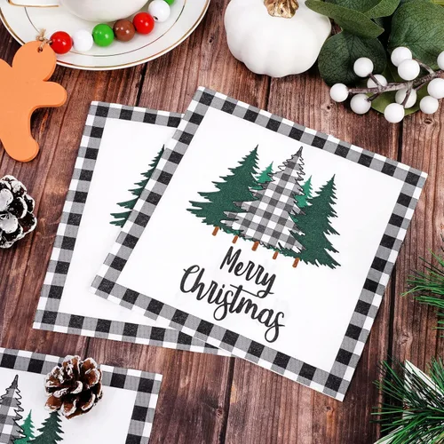 Miniatura 5 de Whaline Paquete de 80 servilletas de Navidad de papel con diseño de árbol de Navidad, diseño de búfalo blanco y negro, servilletas desechables