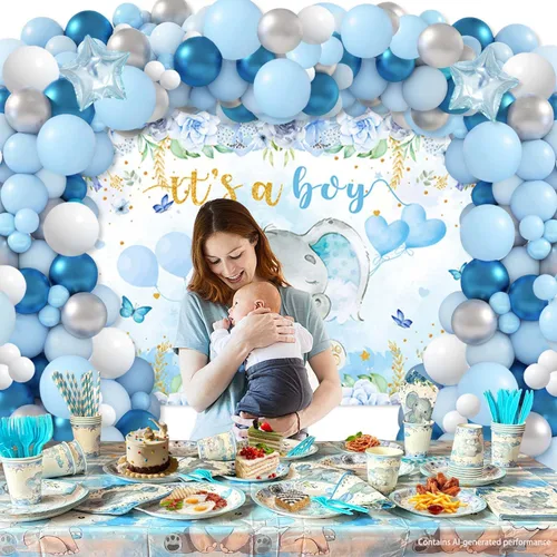 Miniatura 3 de Decoraciones de elefante para baby shower para niño, 224 piezas de suministros azules para baby shower (20 invitados), incluye plato de papel