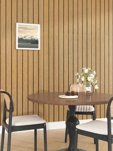 Miniatura 3 de Paneles de madera marrón para despegar y pegar, panel de listones de pared de madera sintética acústica con textura 3D, autoadhesivo, insonorizado