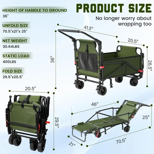 Miniatura 2 de LEVELEVE Vagón Plegable de Servicio Pesado - Carrito Plegable 2 en 1, Capacidad de 400 libras, Ruedas Todo Terreno con Frenos y Bolsillos Laterales