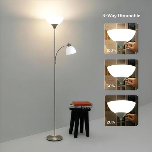 Miniatura 4 de Brightech Torchiere Lámpara de pie LED Sky Dome Plus, lámpara de pie súper brillante con lámpara de lectura para salas de estar y oficinas, lámpara