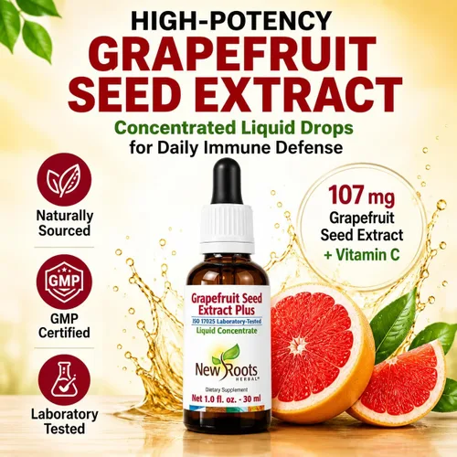 Miniatura 3 de NEW ROOTS HERBAL Extracto de semilla de pomelo en gotas de 1.0 fl oz (1 onza líquida) + vitamina C Extracto de semilla de pomelo súper concentrado