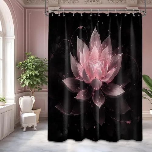 Miniatura 29 de Cortina de ducha con flores de loto negro y azul para decoración de baño, juego de cortinas decorativas de baño con estampado floral, tela