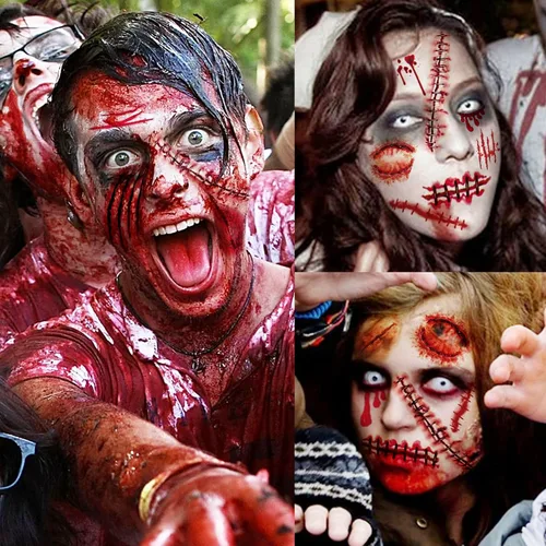 Miniatura 11 de COKTAK 4 hojas de tatuajes faciales de Halloween aterradores para mujeres, hombres y adultos, cicatrices de heridas falsas, maquillaje de bruja