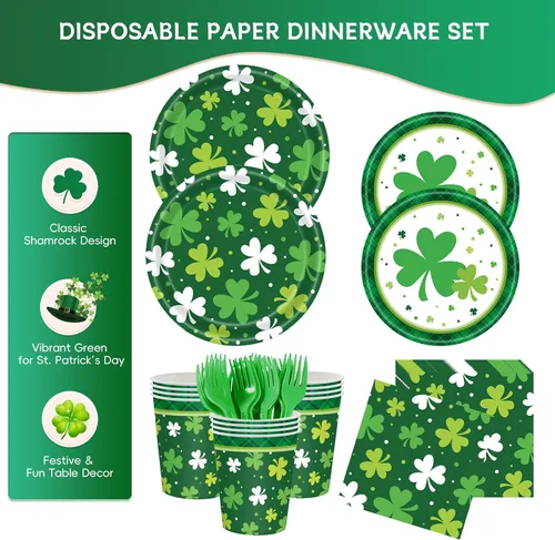 Miniatura 2 de Decoraciones para el Día de San Patricio para 24, suministros de fiesta desechables de trébol con platos llanos, platos de postre, vasos