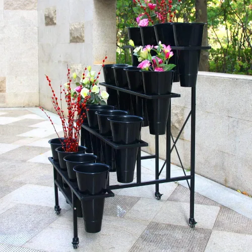 Miniatura 10 de Zhongma Soporte móvil para plantas con ruedas, carrito de jardín resistente, estante de flores con 12 cubos de plástico para flores frescas