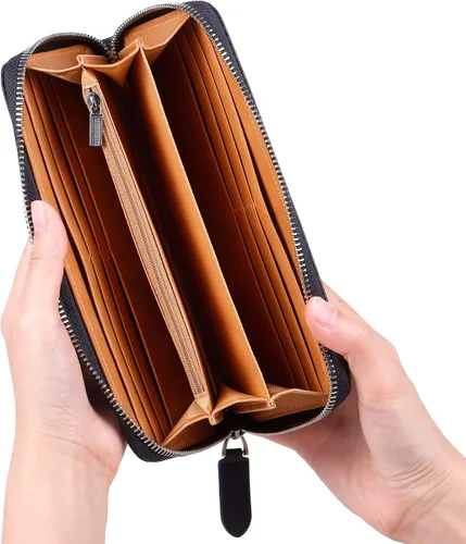 Miniatura 59 de VISOUL Cartera larga de cuero con cremallera para hombres y mujeres con bloqueo RFID, cartera larga de embrague grande con cremallera, Negro