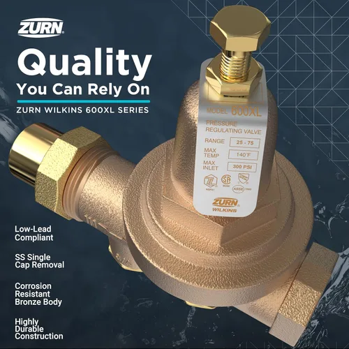 Miniatura 5 de Zurn Wilkins válvula de latón reductora de presión de agua de 3/4 de pulgada Modelo 34-600XL con válvula de revisión de paso y colador, Unión FNPT x