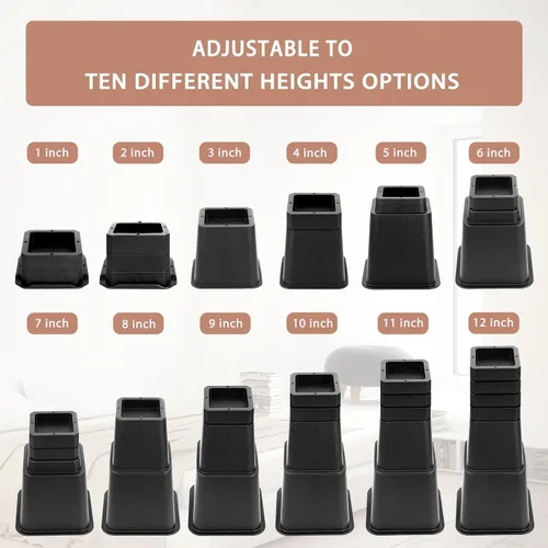 Miniatura 7 de 28 PCS Elevadores de Cama Ajustables de 12 Pulgadas Resistentes, Elevadores de Muebles con Elevación en Alturas de 1, 2, 3, 4, 5, 6, 7, 8, 9, 10