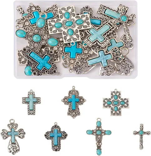 Pandahall - 14 dijes de cruz de piedra turquesa, estilo tibetano, turquesa, gran colgante, aleación, religión, cruz, joyería de turquesa occidental