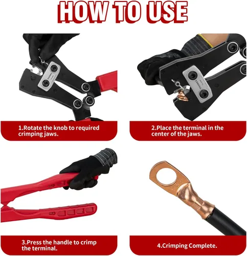 Miniatura 5 de Herramienta de prensado de cables de batería para terminales de cobre AWG 8-1/0, crimpadora de terminales de batería resistente, crimpadora