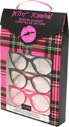 Miniatura 2 de Betsey Johnson Women's Plaid 3 Pack Reading Glasses Cat Eye, Black, Tortoise, Magenta, 1.5X + 1.5