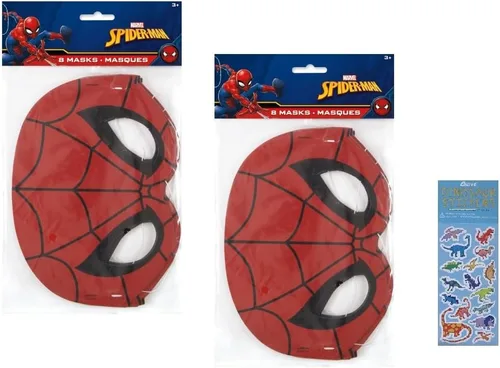 Spiderman - Paquete de suministros de fiesta para niños, incluye 16 máscaras de papel para fiestas con 1 hoja de calcomanías de dinosaurio