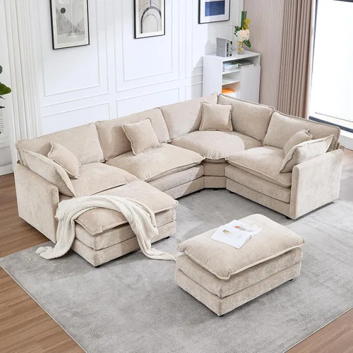 Miniatura 13 de Sofá modular Cloud seccional, moderno sofá modular en forma de L de felpilla con otomana y almohadas, sofás esquineros de asiento profundo de 5 Negro