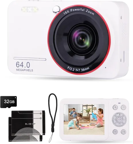 Cámara digital 4K para niños de 7 a 12 años, cámara digital de 64MP de punto y disparo para vlogging con tarjeta SD de 32GB, cámara compacta