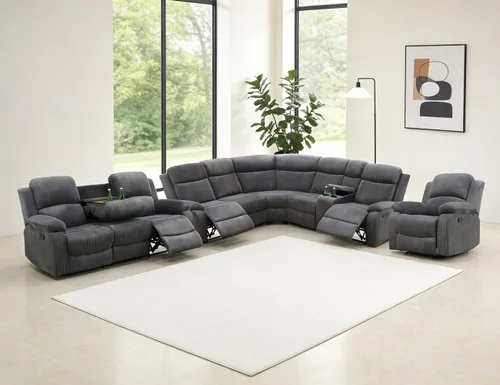 Miniatura 17 de Juego de sofá seccional reclinable manual, juegos de muebles de sala de estar, sofá seccional en forma de L y 2 sillas, cómodo sofá reclinable