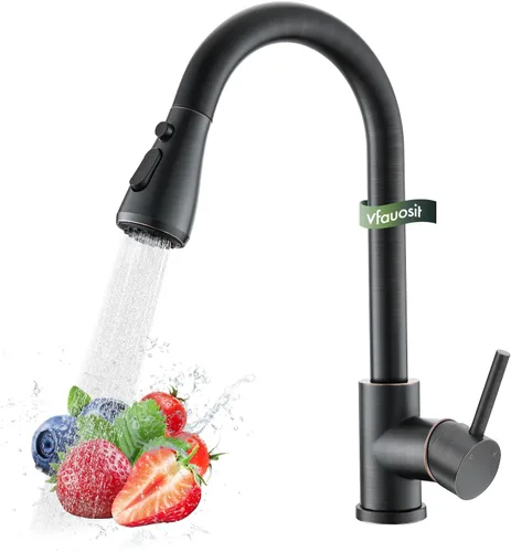 Miniatura 23 de VFAUOSIT - Grifo de cocina con rociador extraíble, grifo de fregadero de cocina sin plomo, níquel cepillado, acero inoxidable, arco alto, extracción