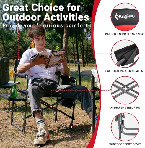 Miniatura 8 de KingCamp Silla de director de camping resistente, plegable con mesa auxiliar y almacenamiento, color rojo Negro/Rojo