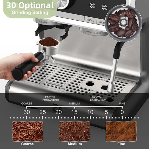 Miniatura 3 de Máquina de café espresso semiautomática, cafetera profesional de 20 bar con molinillo, calentamiento rápido de 1450 W, 30 ajustes de molienda