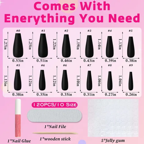 Miniatura 6 de AddFavor 120 uñas postizas negras a presión largas con pegamento y pestañas adhesivas, uñas acrílicas mate de cobertura completa para mujeres y niñas