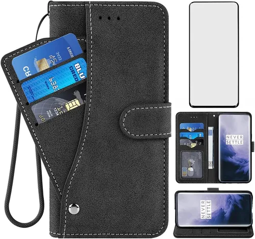 Asuwish Funda tipo cartera compatible con OnePlus 7 Pro y protector de pantalla de vidrio templado con tapa para OnePlus7Pro 5G One Plus 1+7 1Plus