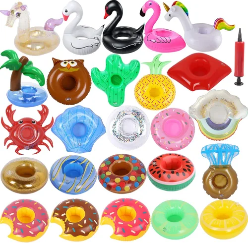 Soporte inflable para bebidas, paquete de 25 flotadores inflables para bebidas de piscina + 1 bomba de mano, flotadores de bebidas para fiesta en la