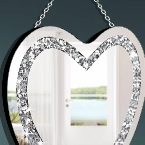 Miniatura 4 de DMDFIRST Espejo de plata con forma de corazón de diamante de cristal con cadena de acero inoxidable plateado para decoración de pared, 12 x 12 x 0.5