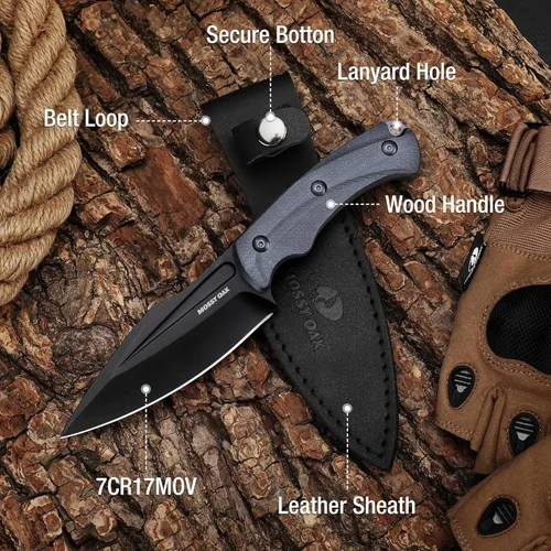 Miniatura 5 de MOSSY OAK Cuchillo de caza con funda, cuchillo de hoja fija de espiga completa de 8.5 pulgadas, cuchillos al aire libre para supervivencia, Mango