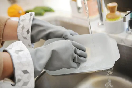 Miniatura 2 de Full Circle Splash Patrol - Guantes de limpieza de látex natural para platos, puños de algodón que se mantienen secos, duraderos con forro Gris