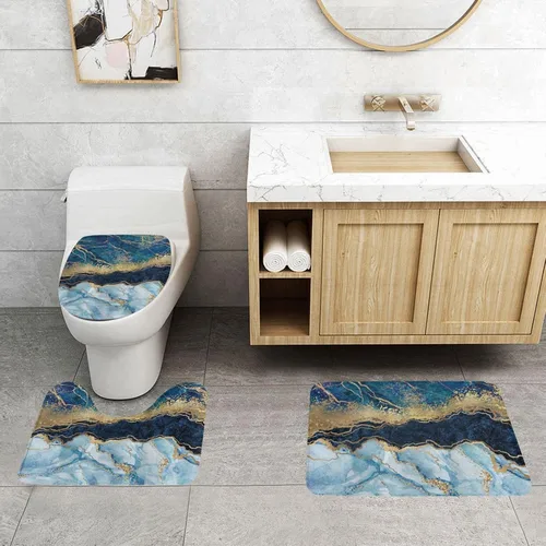 Miniatura 3 de Evealyn Juego de 3 tapetes de baño antideslizantes y absorbentes para baño, color azul marino, juego de alfombras de ducha para baño, dormitorio
