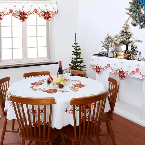 Miniatura 5 de Grelucgo Mantel de comedor redondo bordado de Navidad (redondo de 70 pulgadas)