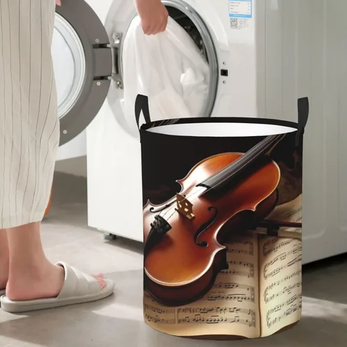 Miniatura 7 de Cesta circular con estampado de violín y libro, impermeable, cesta organizadora de lavandería, con asas, para ropa, juguetes, pequeña