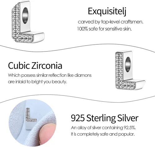 Miniatura 5 de Pandach Alphabet Initial Charms Letter Complete A-Z Letters Solid Silver Cubic Zircons Beads Dangle Pendants for European Bracelets Necklace Women