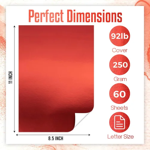 Miniatura 2 de Papel de cartulina rojo metálico, 60 piezas de 8.5 x 11 pulgadas (250 GSM) - Tablero de papel de aluminio rojo, superficie con acabado espejo