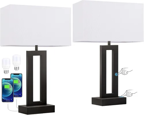 Miniatura 7 de Juego de 2 lámparas de mesa de noche para dormitorio, lámpara de noche táctil con USB C+A, lámparas de sala de estar regulables de 3 vías para mesas