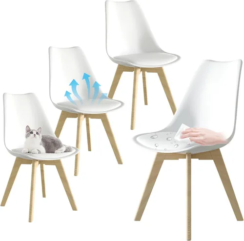 Miniatura 14 de Juego de 4 sillas de comedor, sillas de cocina y comedor de mediados de siglo con patas de madera y cojín, juego de sillas de comedor de cuero