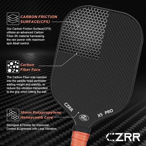 Miniatura 4 de Pala de pickleball, aprobada por USA Pickleball, superficie de fibra de carbono 3K cruda (CFS) de alta grano y giro, con núcleo de panal