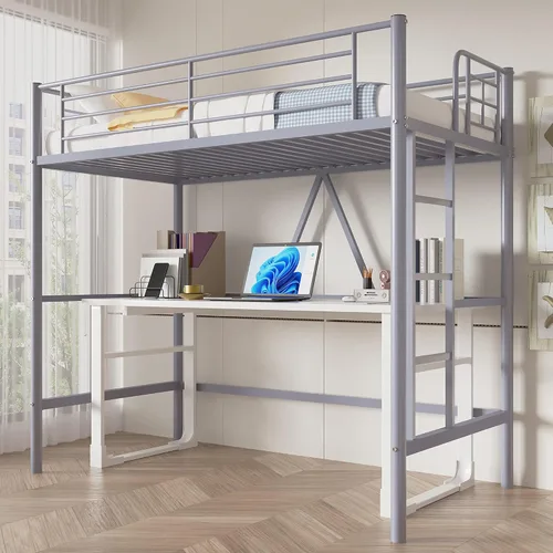 VECELO Cama tipo loft tamaño individual, marco de cama de metal con escalera extraíble y barandilla de seguridad, no necesita somier, ahorro de Gris