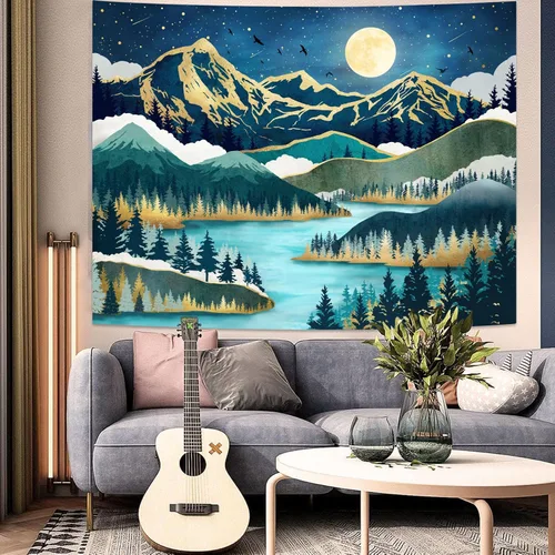Miniatura 8 de Neasow Tapiz de luna de montaña, bosque natural, árbol, lago, paisaje, estrellas, noche estrellada, decoración de pared azul azulado para el hogar