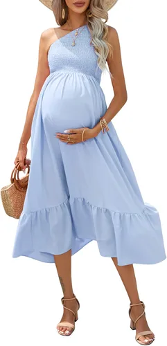 KOJOOIN Vestido de maternidad de manga corta con hombros descubiertos para mujer, vestido de verano casual con volantes, vestido midi fluido para